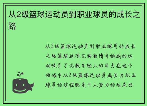 从2级篮球运动员到职业球员的成长之路