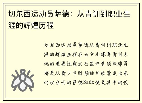 切尔西运动员萨德：从青训到职业生涯的辉煌历程